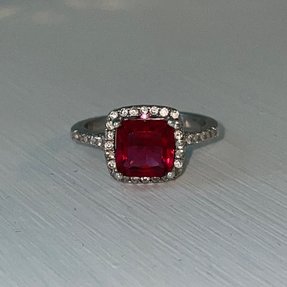 Simulated Ruby and Diamond Sterling Silver Ring.